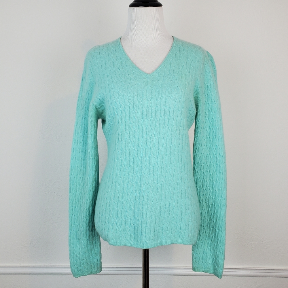 Vintage Glenshiel Cashmere Sweater Cable Knit Soft Cozy Mint Blue Green Preppy